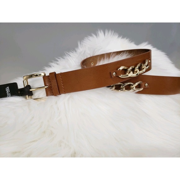 NEW Michael Kors BROWN Leather Gold‎ Chain Belt Size Large